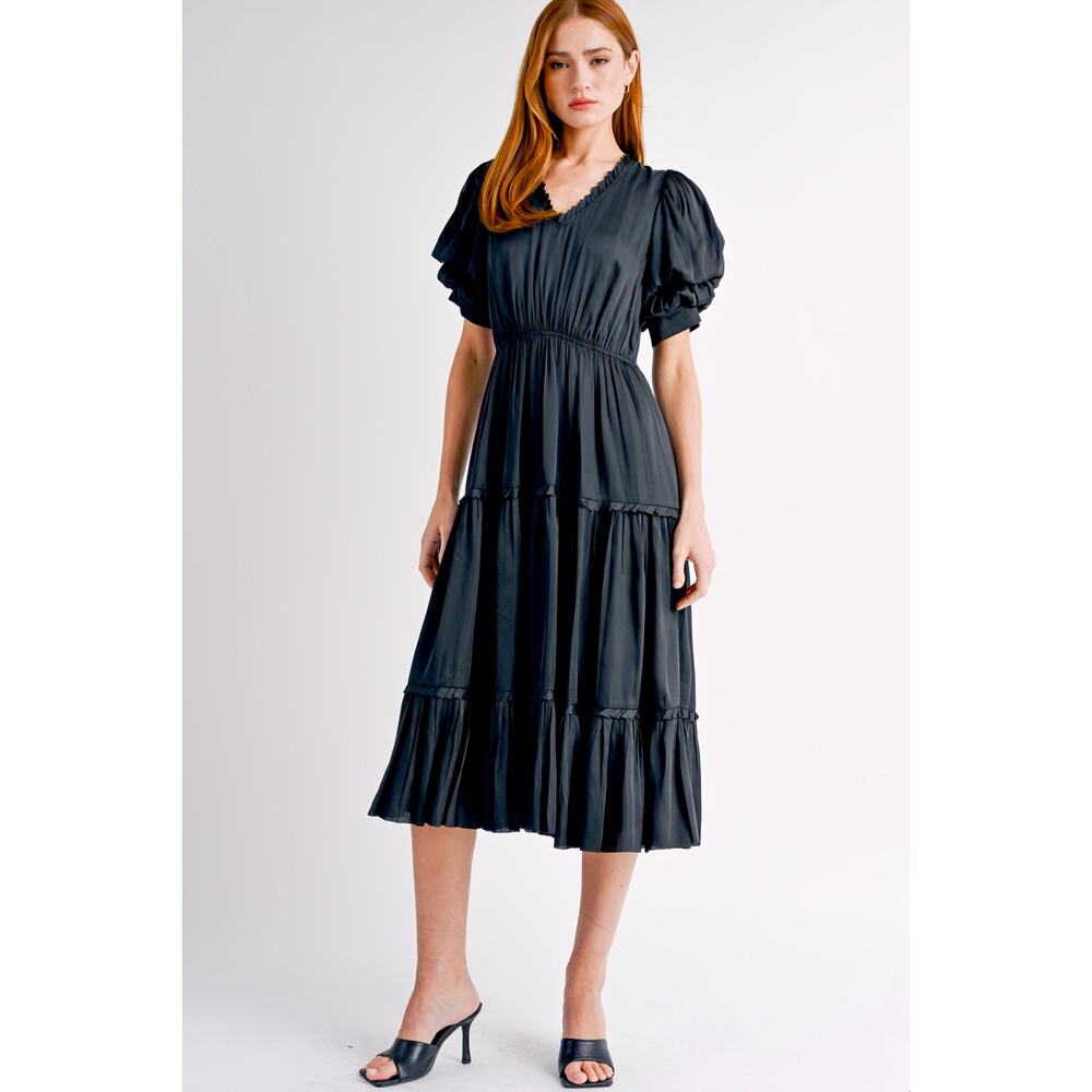 RESET | Helena Satin Tiered Midi Dress Puff Sleeves EUC | Medium